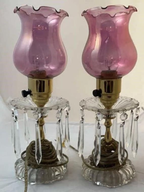 Antique Lamps with Crystals / prisms and Cranberry shade, Works well! Sold individually