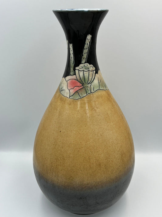 Chinese Porcelain Vase, Brown Black Glaze, Floral Design (15" Tall)