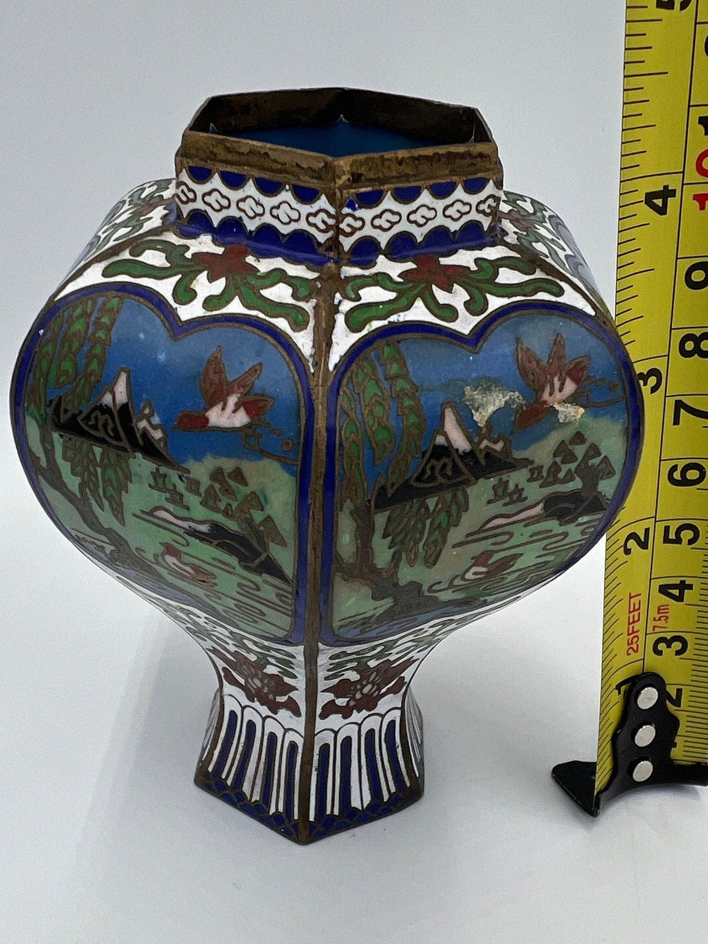 Asian Cloisonne Vase - Small Hand-Painted Metal Panel