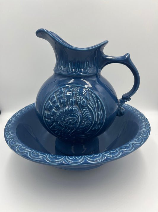 Blue Turkey Pitcher and Basin - Mid Century McCoy Pottery Set