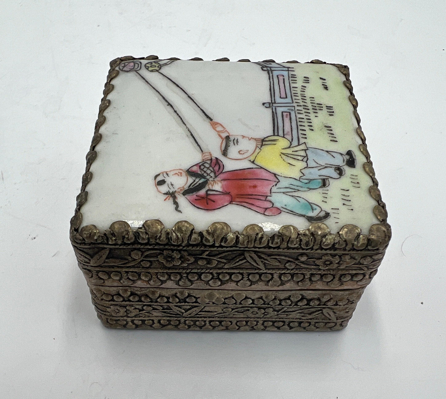 Jewelry Box: Vintage Silver and Brass - Porcelain Lid with Kids Flying Kites