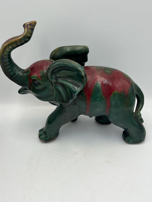 Elephant Figurine: Vintage Art Pottery (Green & Red Glaze)