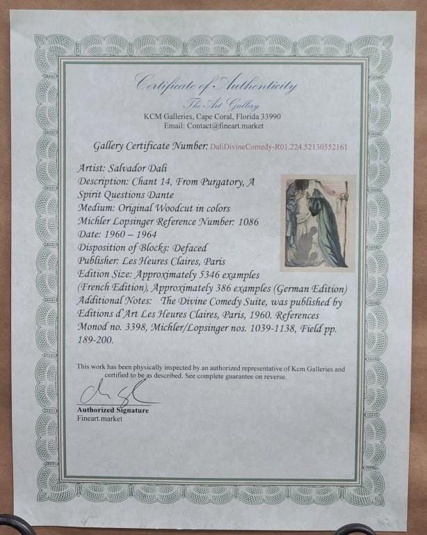 Salvador Dali Woodcut Print: Divine Comedy, Purgatory Canto 14, Framed
