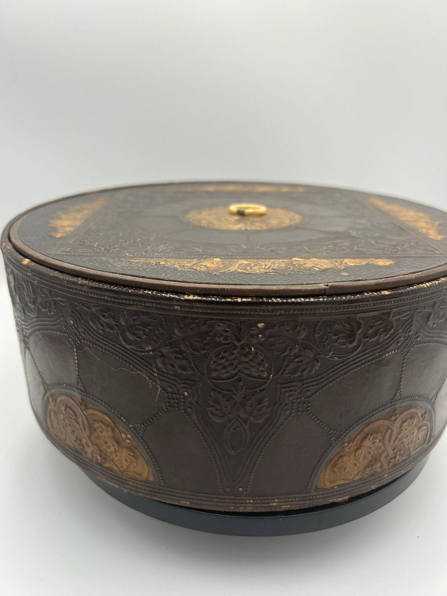 Sewing Box: Vintage Faux Leather with Embossed Brown and Gold - Storage Lid
