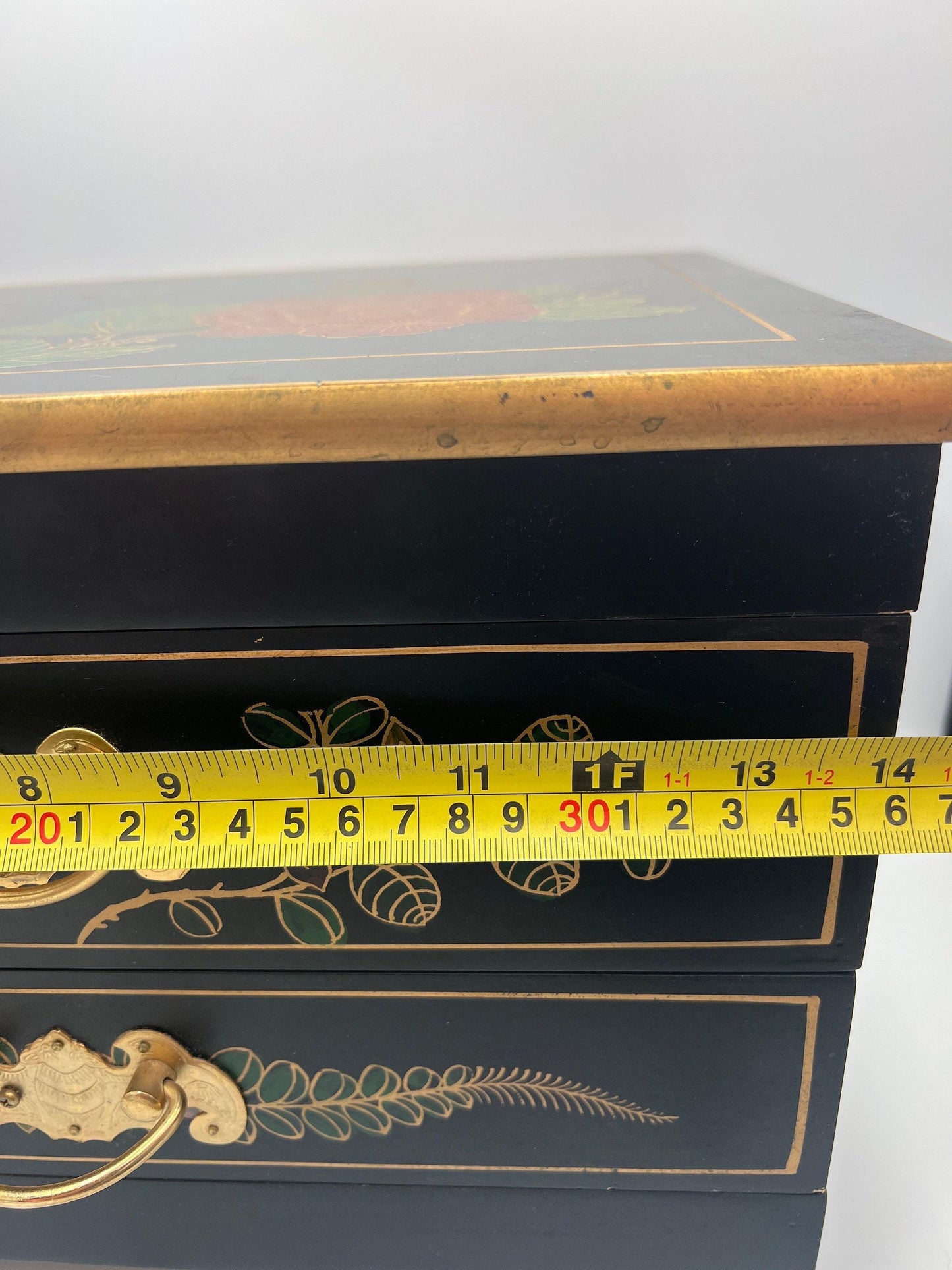 Asian Jewelry Box - Black Lacquer with Ornate Bird and Red Lining