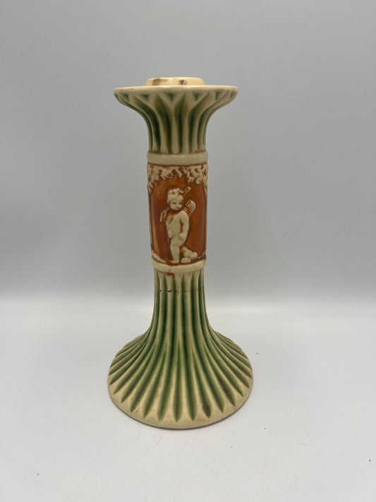 Vintage Roseville Donatello Candlestick - Cherub Motif, Fluted Ceramic Base