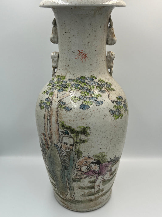 Chinese Sandy Glazed Vase, Speckled Tall Ceramic (17" Height)