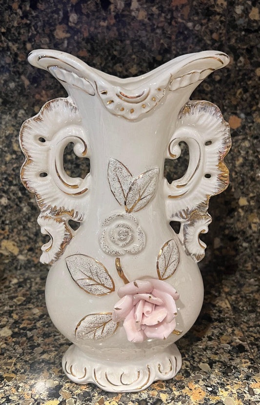 White Vase 8 1/2" Tall w/Gold Trim & Applied Pink Flower.