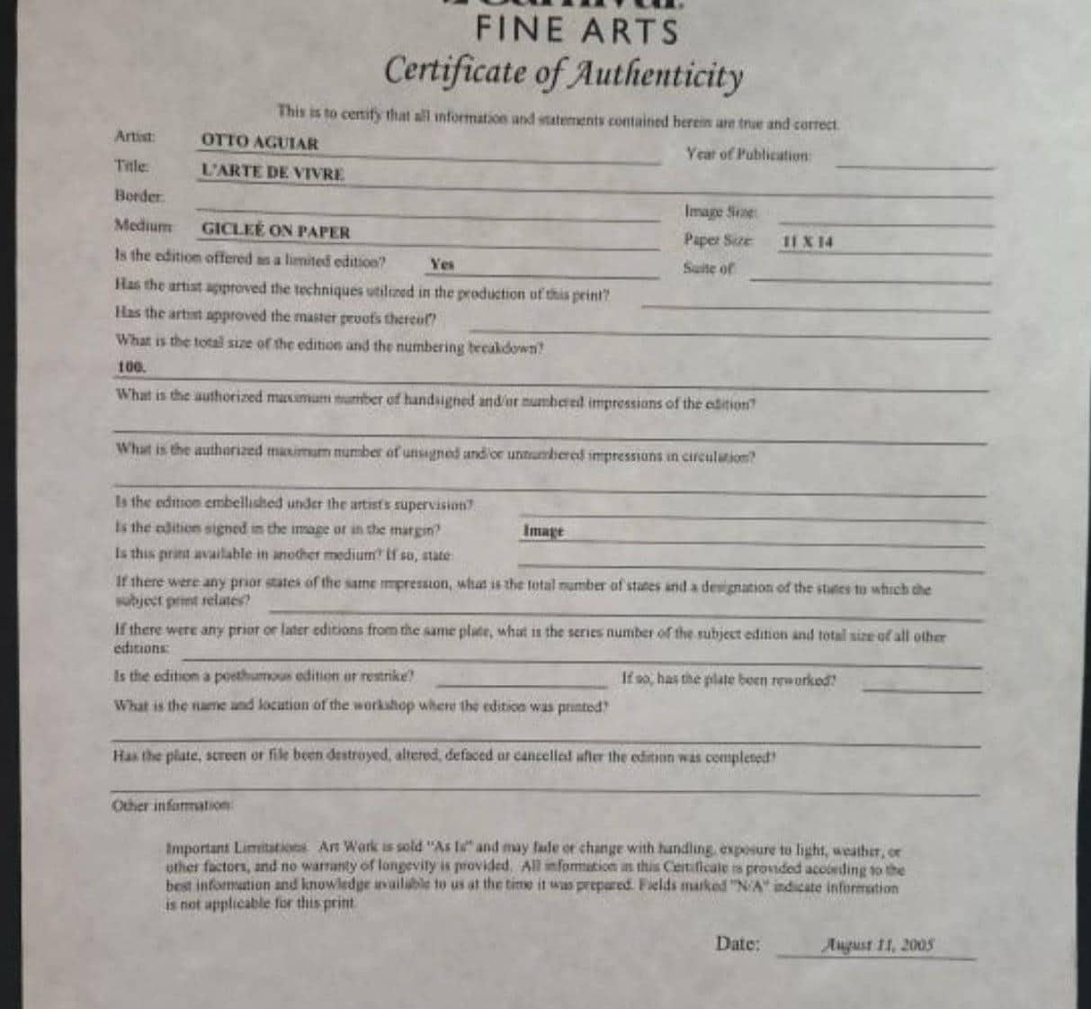 Otto Aguiar 'Arte de Vivre' Limited Edition Giclee w COA