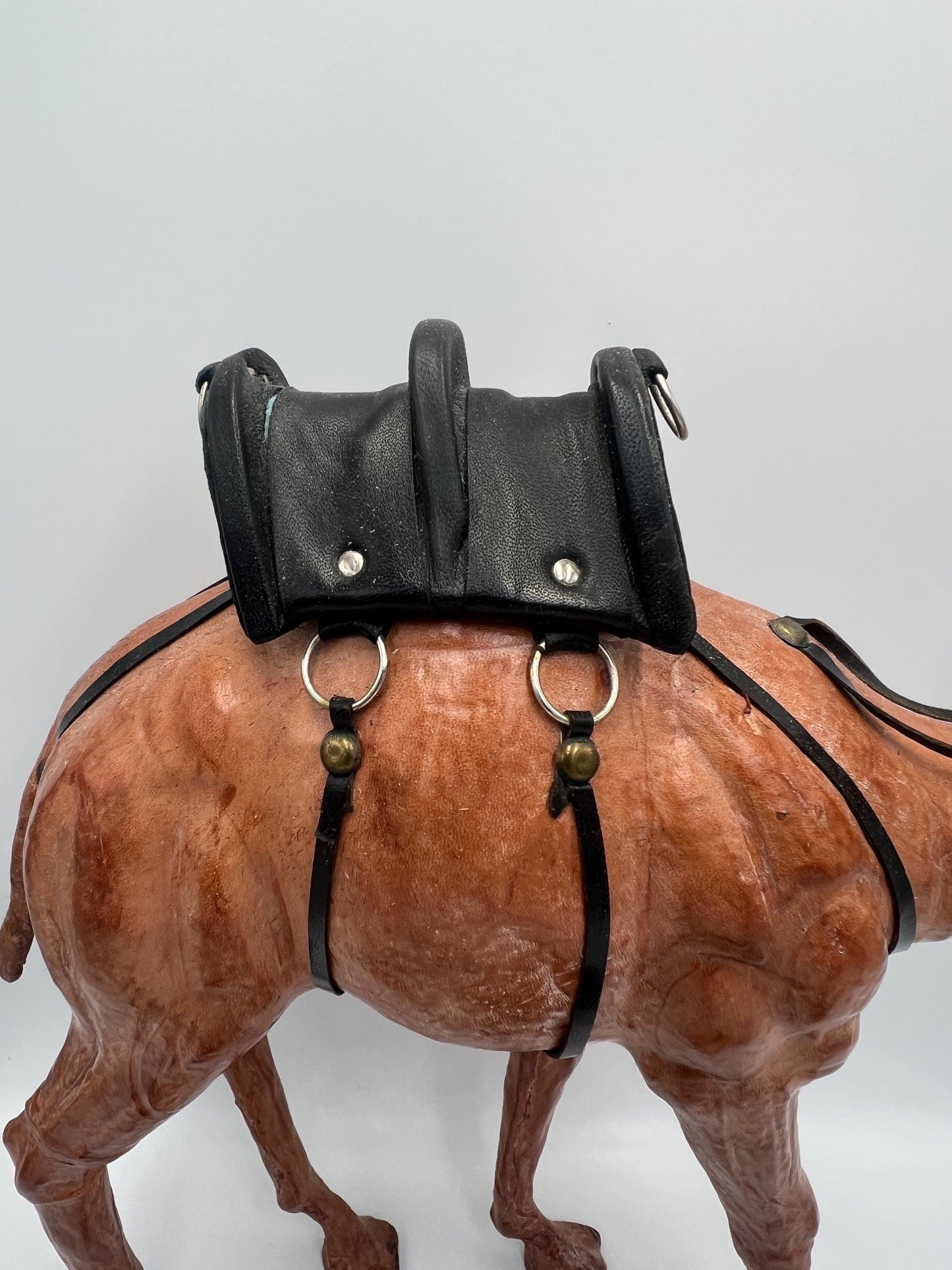 Vintage Dromedary Leather Wrapped Standing Camel Figure Statue 14" Tall W/Saddle and 2 Smaller Camels