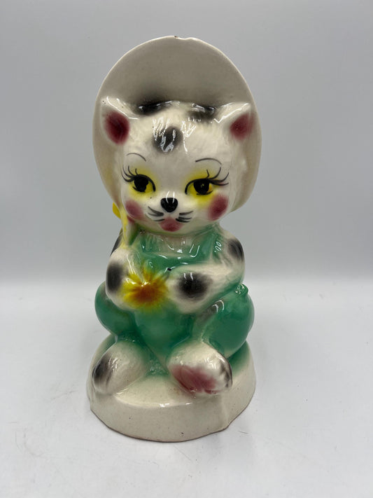 Vintage Cat with Bonnet Bank - Mid Century, Retro Decor