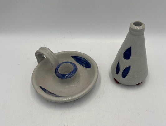 Ceramic Williamsburg Pottery Set Salt Glazed Candlestick Holders and Bud Vase - 3pc lot