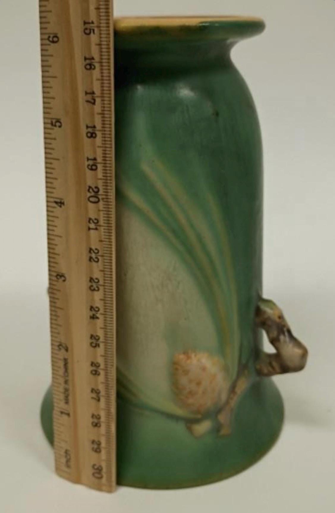 Roseville Green Pinecone, 1936 Vintage Art Pottery, Ceramic Double Handled Vase 838-6