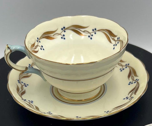 Copelands Grosvenor England China Cup and Saucer Set Gold Leaves and Blueberries Pattern Oriental Floral Flowers Vintage Tea Party