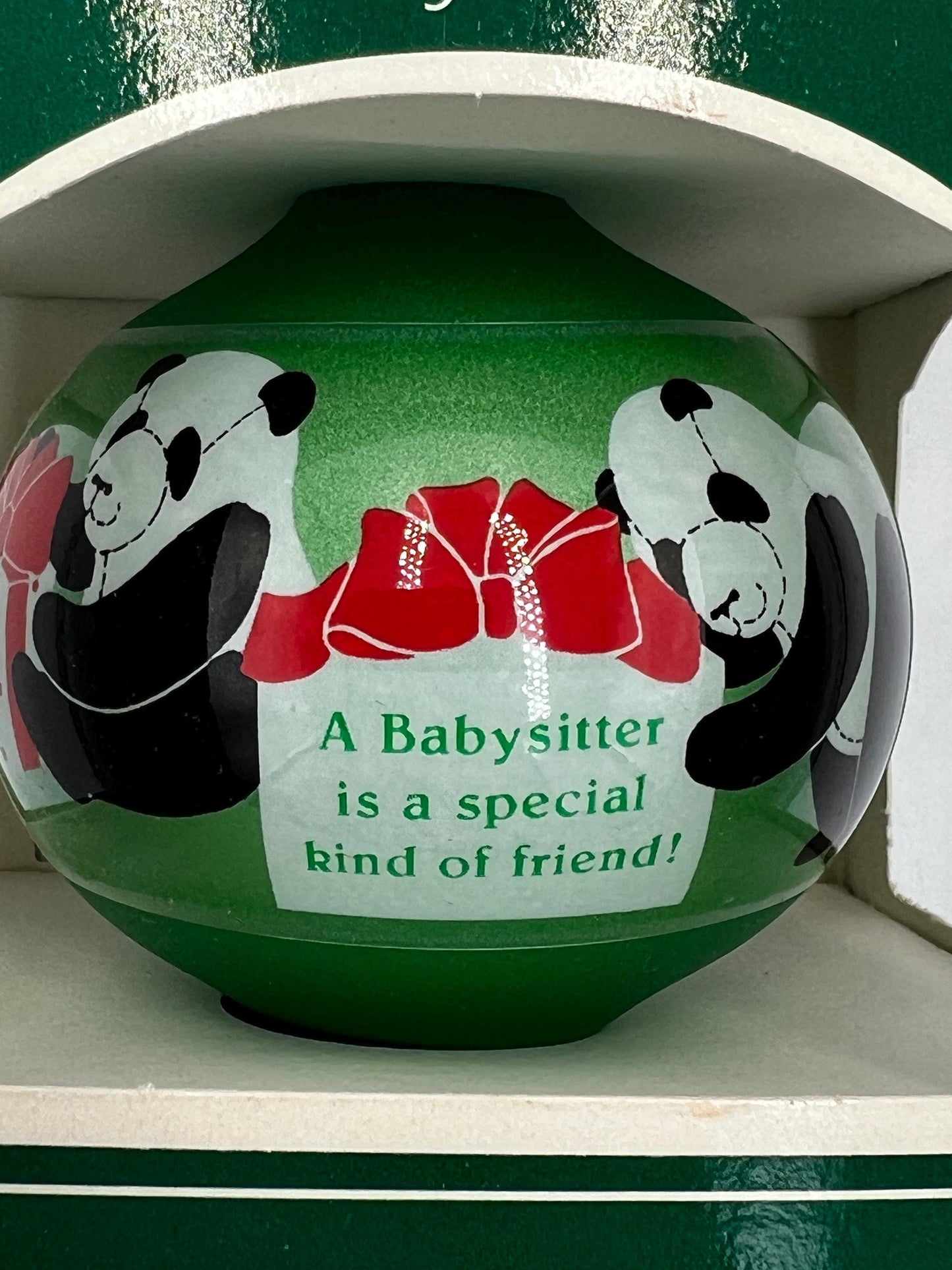 Christmas Ornament - Hallmark Baby Sitter Glass Ornament 1985 NOS NRFB Panda Bears Candy Cane
