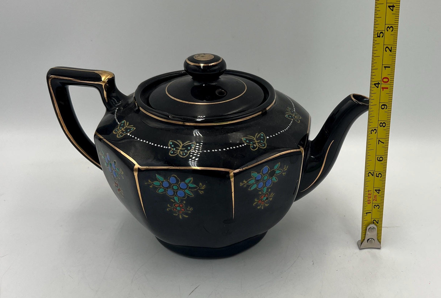 Vintage Japanese Black Porcelain Teapot Gold Trim Blue Floral Butterfly Design Art Deco Tea Pot Made in Japan with Lid