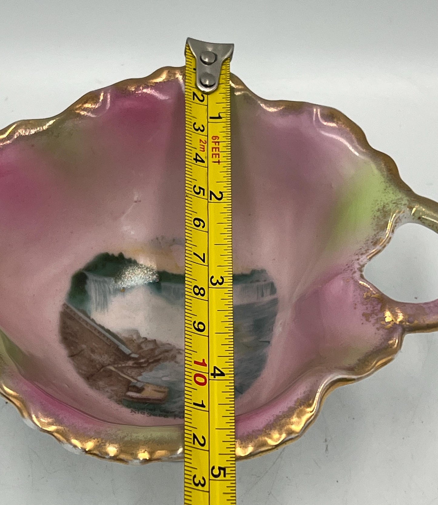 Antique Victoria Austria Niagara Falls Souvenir Leaf Bowl Pink Lustre Porcelain Handled Nappy Gold Gilt Scenic Dish