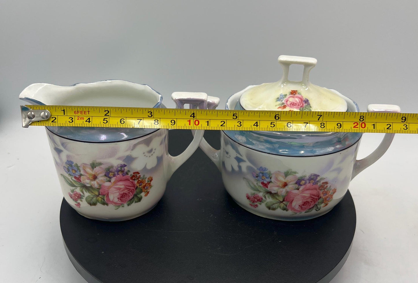 Vintage Bavaria Porcelain Cream & Sugar Set w/ Lid – Iridescent Lusterware Floral Roses Germany Cottage Chic Tea Service