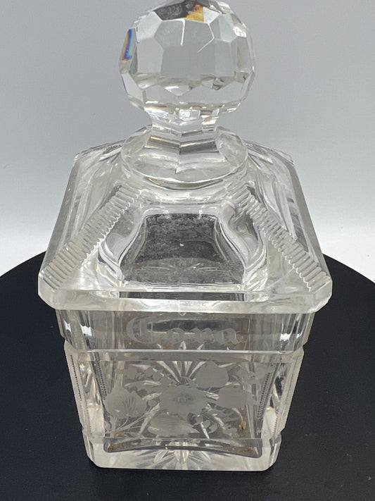Antique Cut Crystal Vanity Jar Inscribed Cora