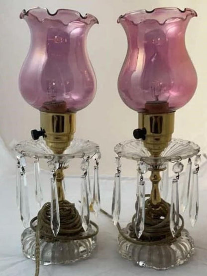 Antique Lamps with Crystals / prisms and Cranberry shade, Works well! Sold individually