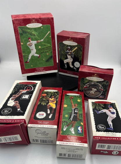 Hallmark Keepsake Sports Baseball Basketball ornaments - Hank Aaron - Tim Duncan - Shaquille - Magic Johnson - Mark McGwire - Nolan Ryan