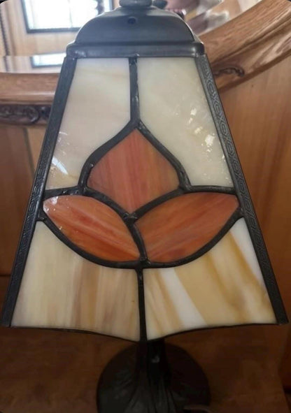 Floral Motif Tiffany Style Lamp - Stained Glass Shade, Bronze Base