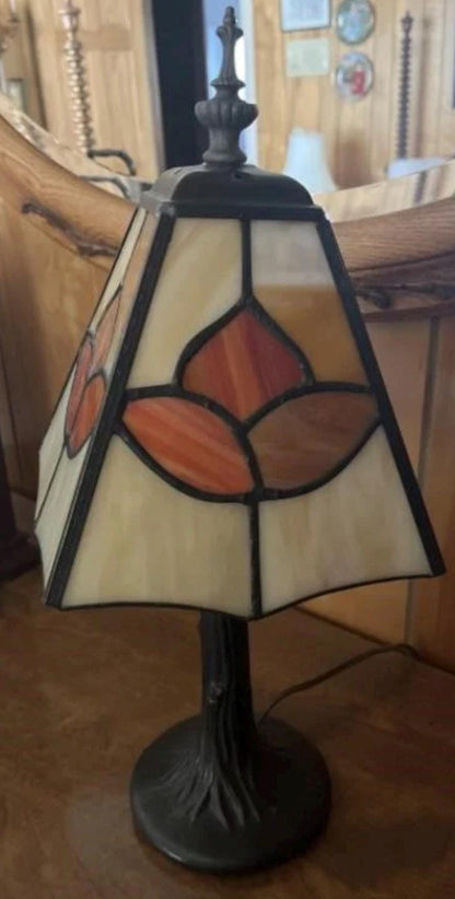 Floral Motif Tiffany Style Lamp - Stained Glass Shade, Bronze Base