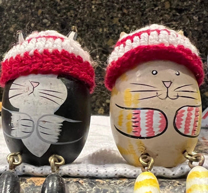 Wooden Cat Eggs Figurines: Cute Pair for Shelf or Ledge Decor