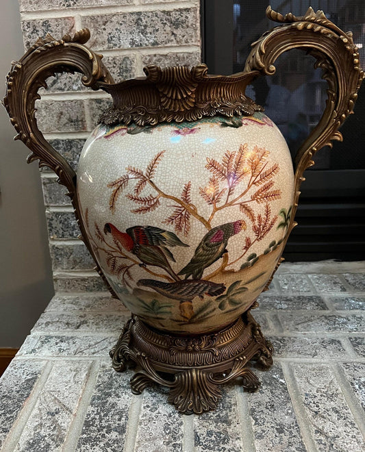 Antique Coalport Ceramic Vase, Bird Design (18" Tall, Heavy)
