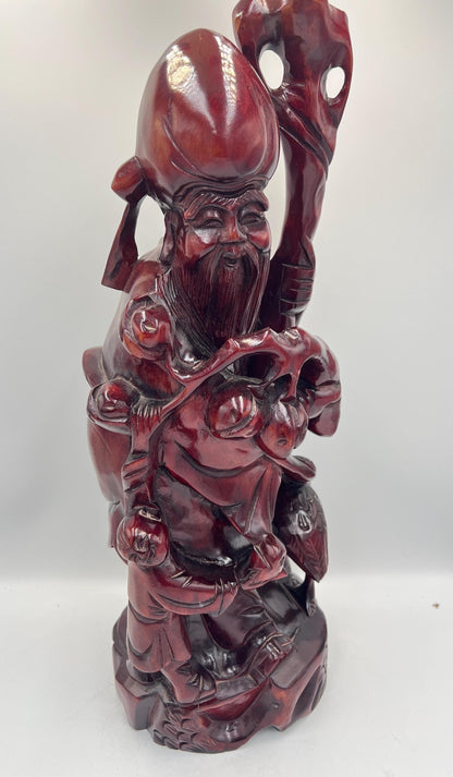 Chinese Shou Xing Figurine: Carved Wood Longevity God Statue