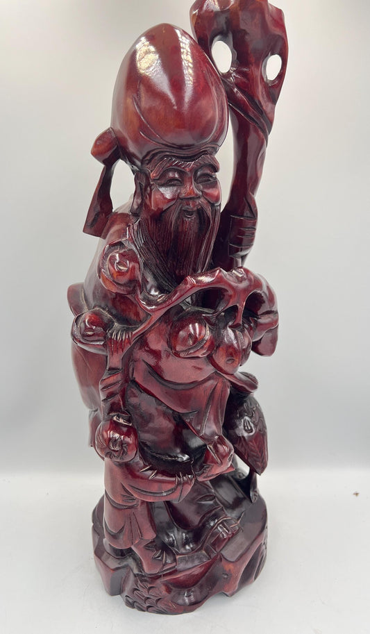 Chinese Shou Xing Figurine: Carved Wood Longevity God Statue