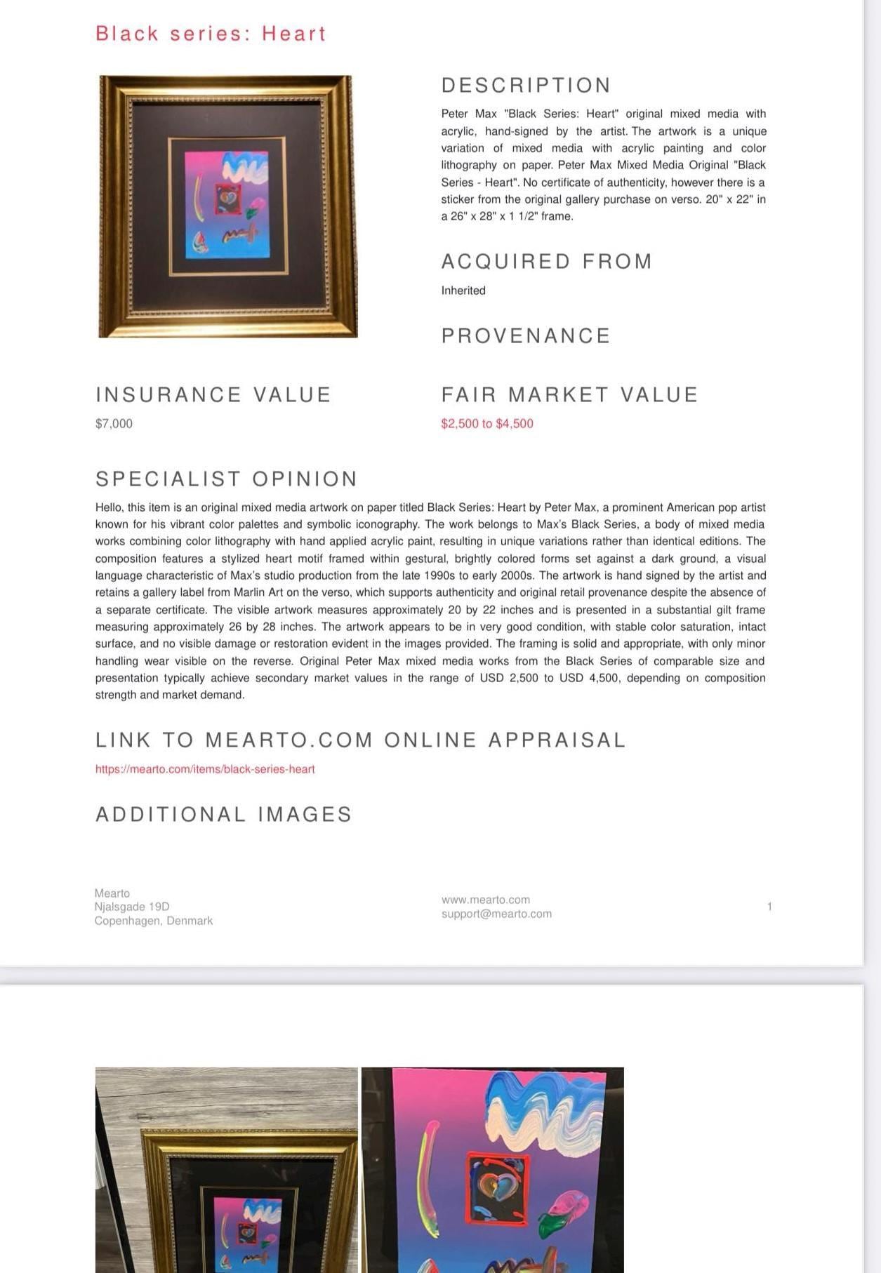 Peter  Max, Black Series: Heart.  Original Painting