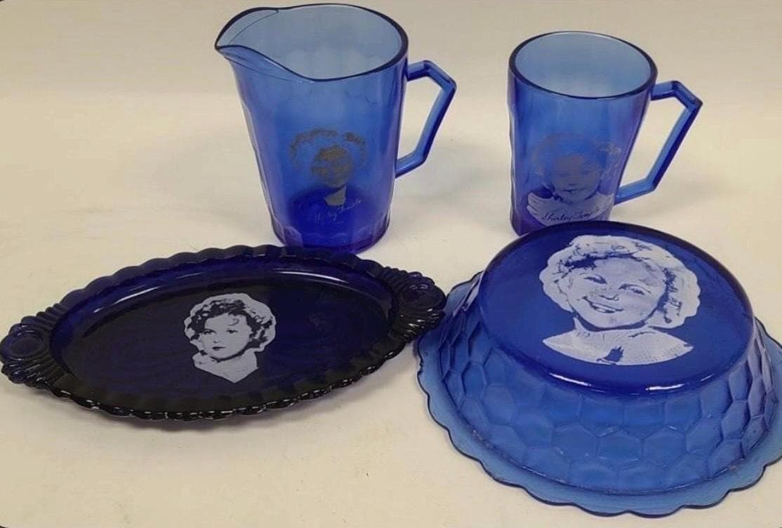 Shirley Temple Blue Glassware: Retro Drink Set (Pitcher, Mug, Tray, Bowl)
