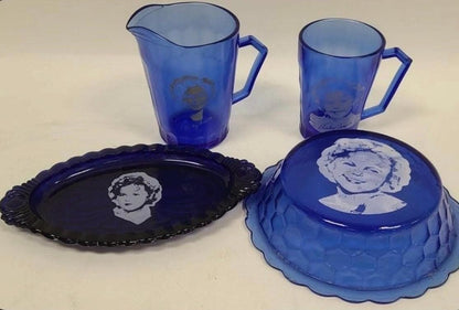 Shirley Temple Blue Glassware: Retro Drink Set (Pitcher, Mug, Tray, Bowl)