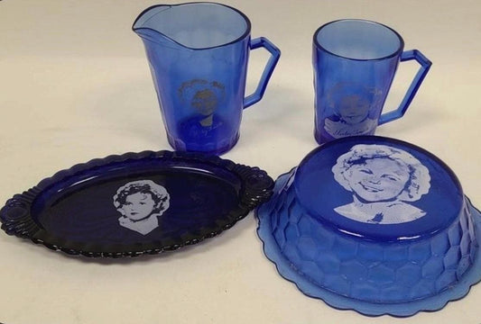 Shirley Temple Blue Glassware: Retro Drink Set (Pitcher, Mug, Tray, Bowl)