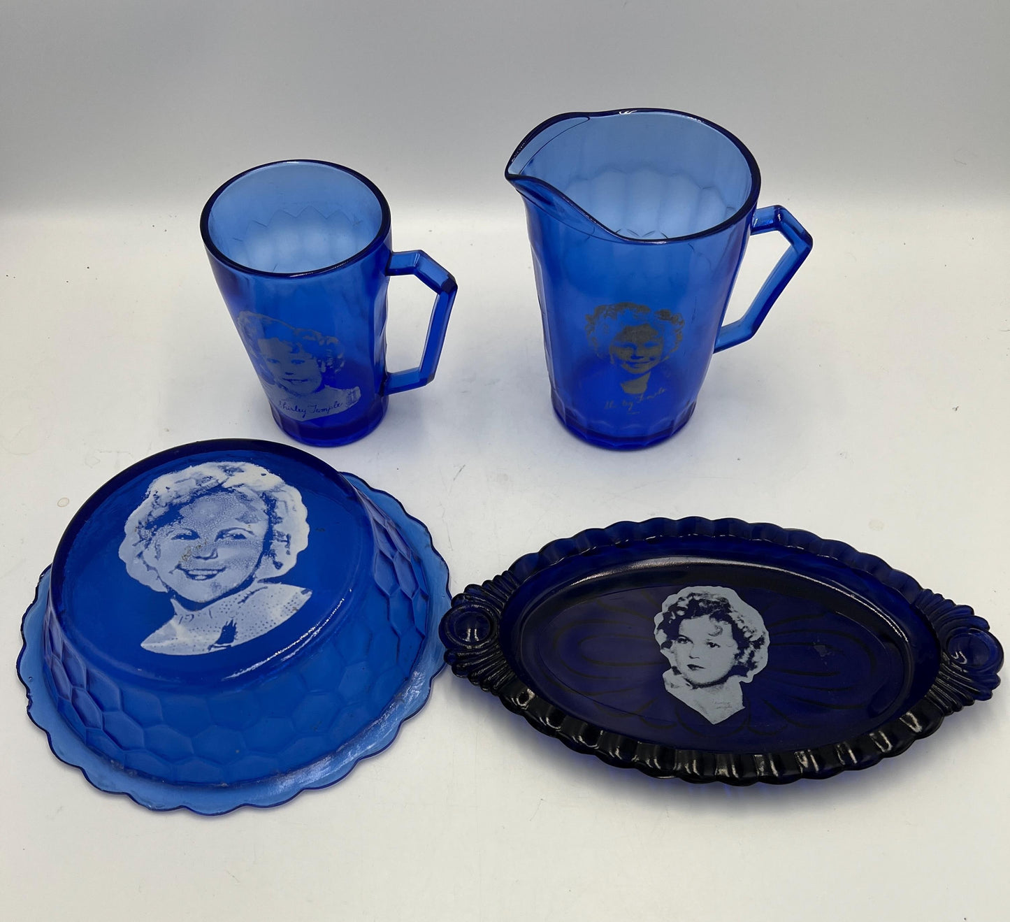 Shirley Temple Blue Glassware: Retro Drink Set (Pitcher, Mug, Tray, Bowl)