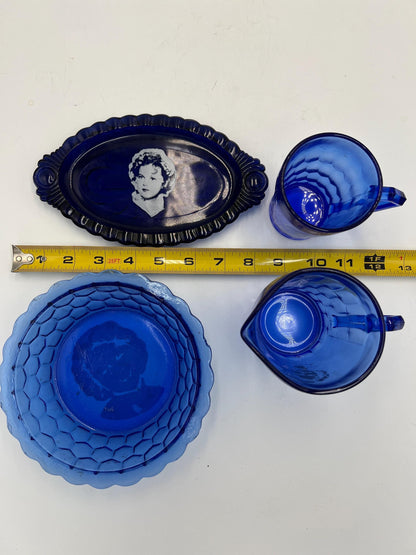 Shirley Temple Blue Glassware: Retro Drink Set (Pitcher, Mug, Tray, Bowl)
