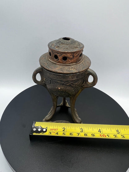 Ornate Bronze Censer: Dragon Design, 3-Footed Incense Burner
