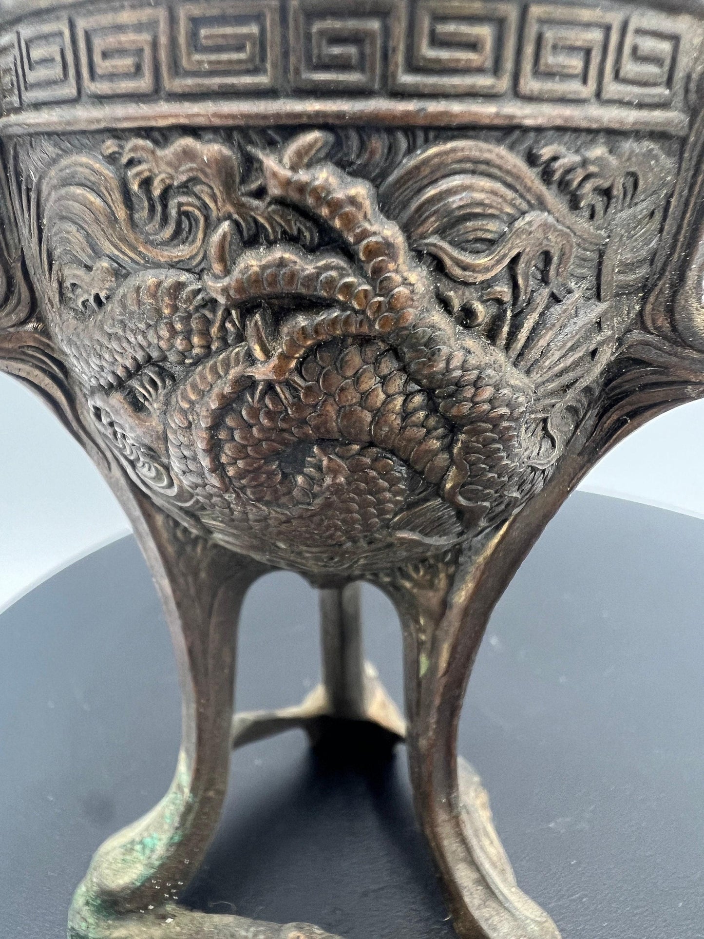 Ornate Bronze Censer: Dragon Design, 3-Footed Incense Burner