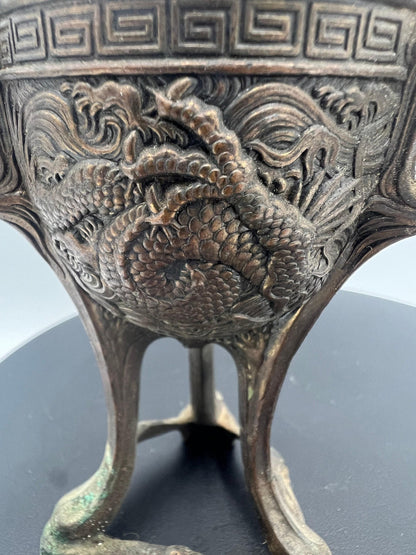Ornate Bronze Censer: Dragon Design, 3-Footed Incense Burner