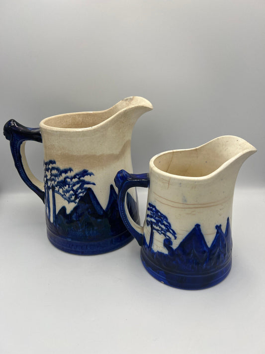 Vintage Sleepy Eye Blue Stoneware Pitcher: Rustic Native American Pottery Jug