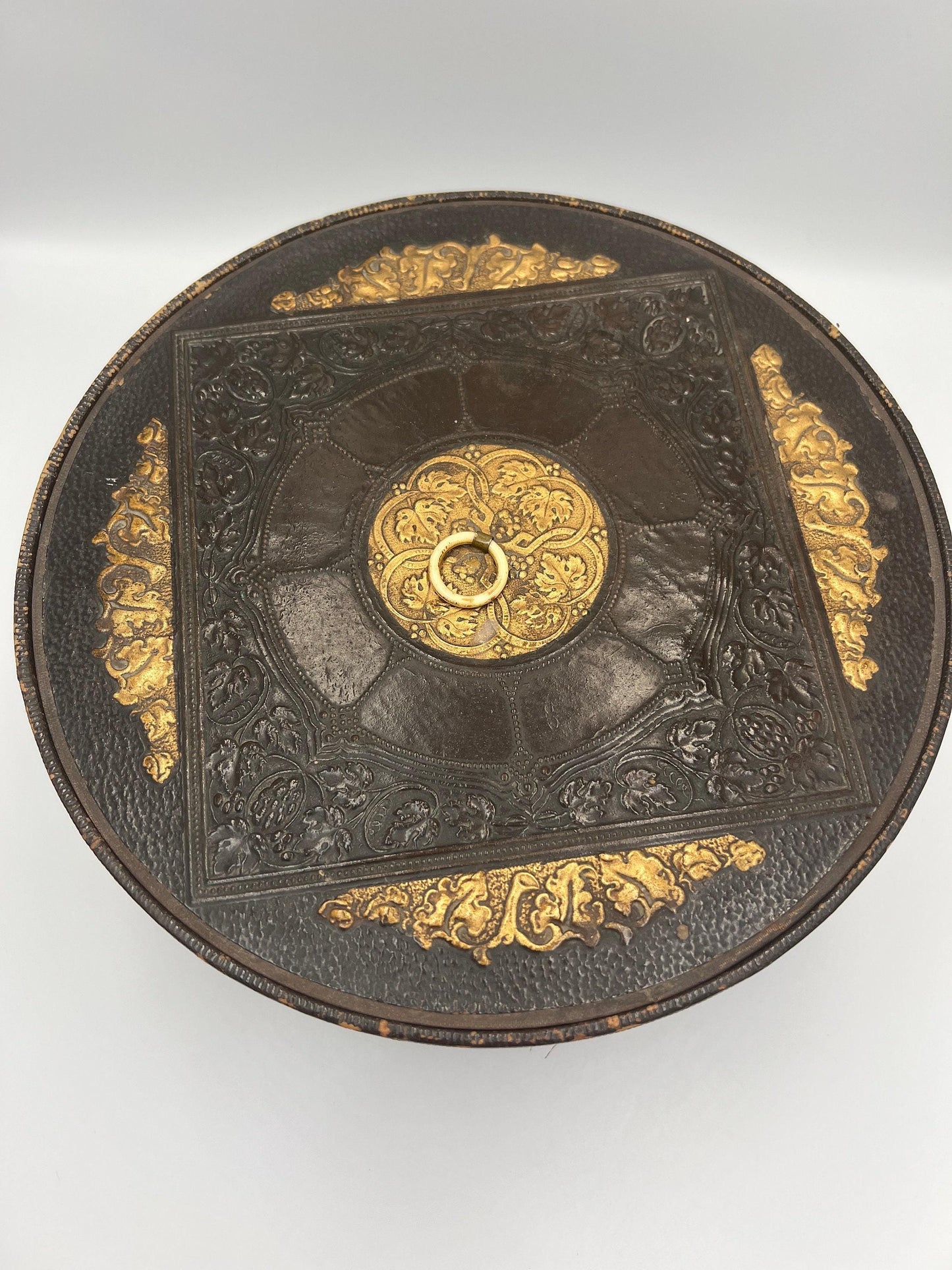 Sewing Box: Vintage Faux Leather with Embossed Brown and Gold - Storage Lid