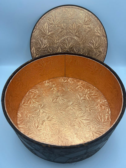 Sewing Box: Vintage Faux Leather with Embossed Brown and Gold - Storage Lid