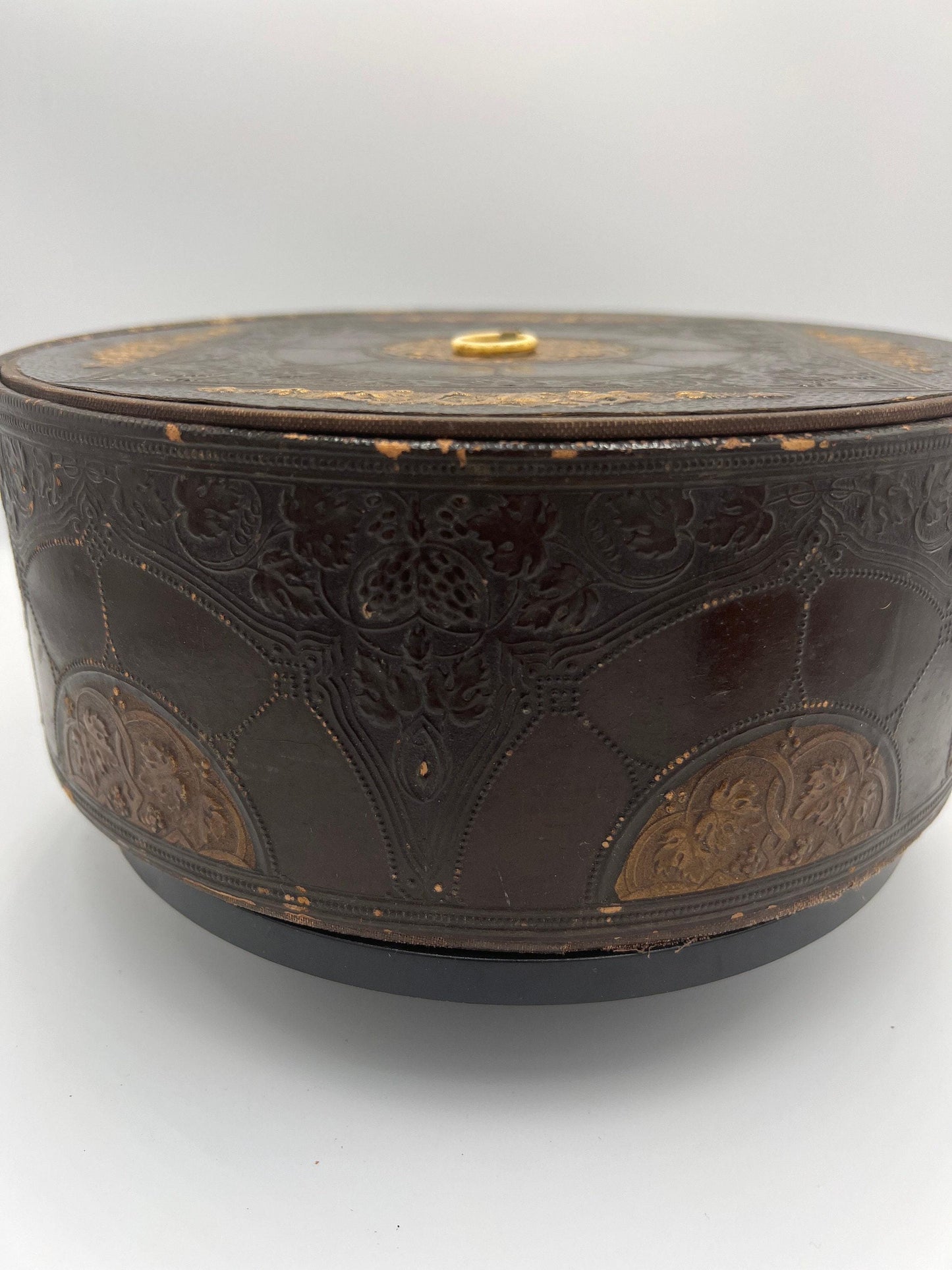 Sewing Box: Vintage Faux Leather with Embossed Brown and Gold - Storage Lid