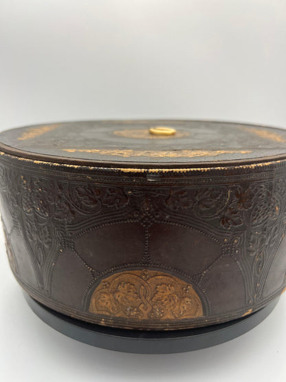 Sewing Box: Vintage Faux Leather with Embossed Brown and Gold - Storage Lid