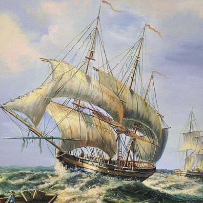 Maritime Acrylic Painting, Ships in Storm (Framed 23.5x19.5")