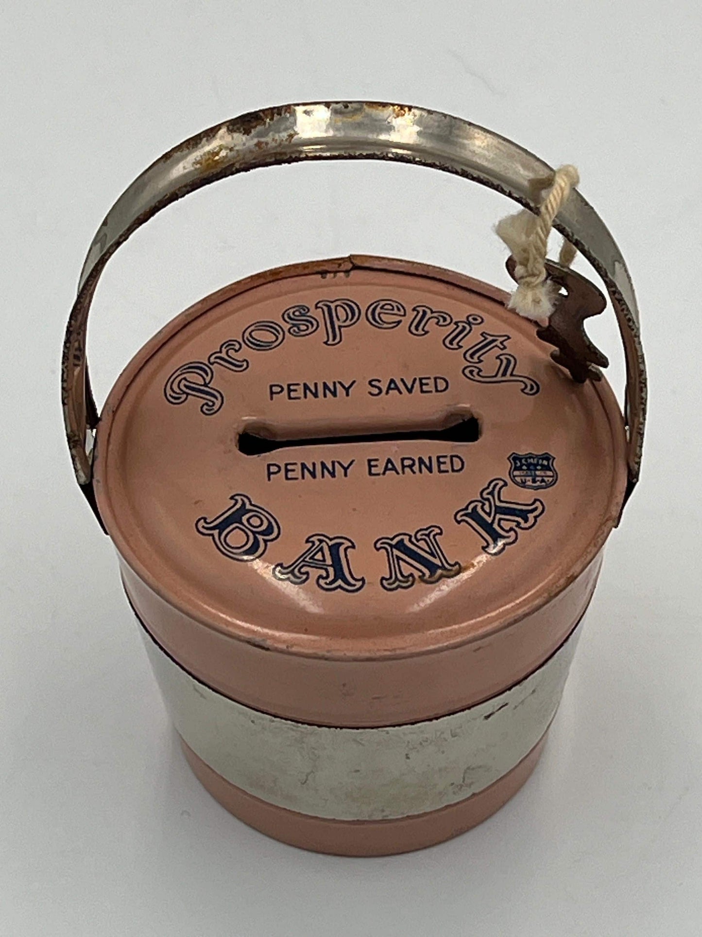 Vintage 1950s Pink & Black Bucket Bank, Prosperity Bank