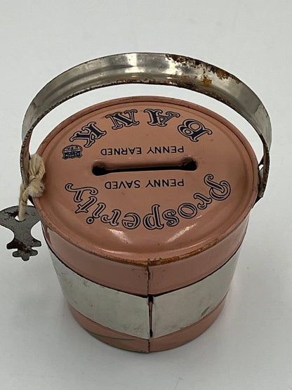 Vintage 1950s Pink & Black Bucket Bank, Prosperity Bank