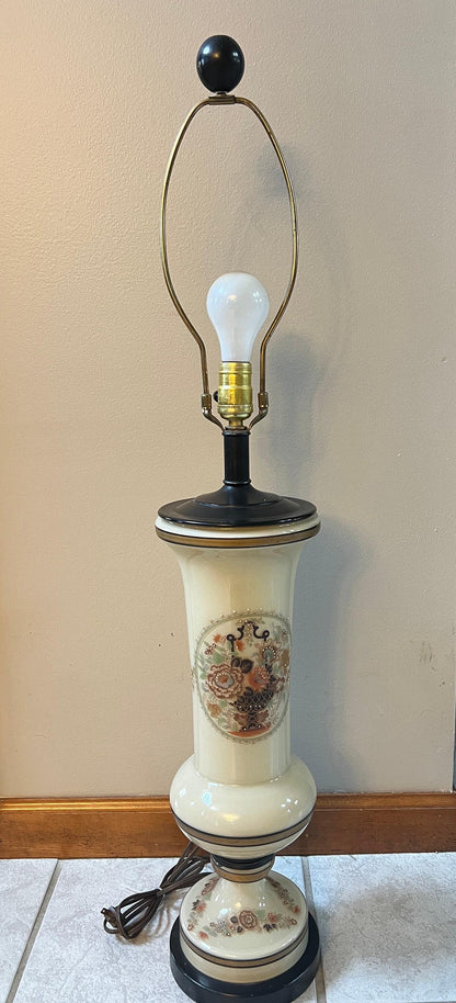 Vintage Floral Table Lamp, Tan Beaded Design (Works, No Shade)
