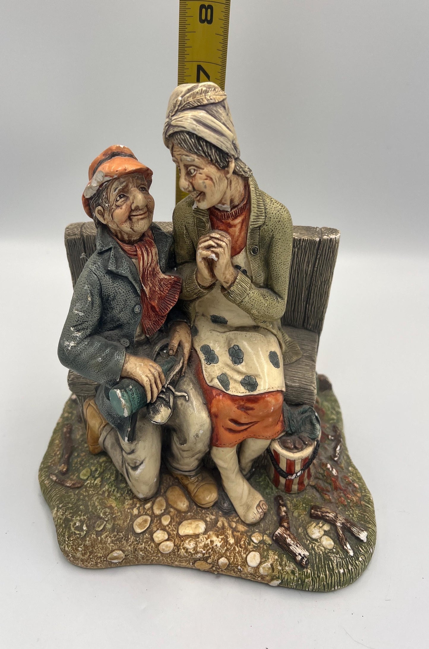 Vintage Naturecraft Figurine, Elderly Couple on Bench (Stoneware, 7")